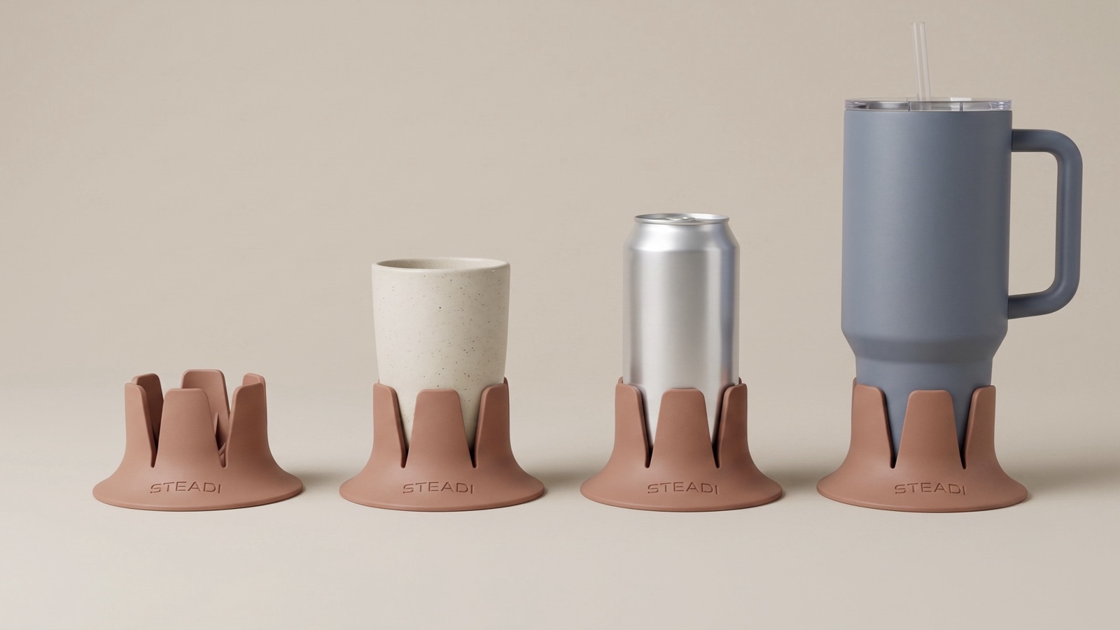 Left to right: the wide, low base empty, then holding a cup, a can, and a large tumbler.